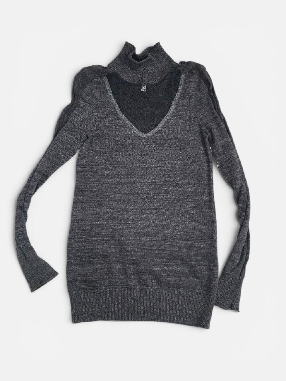 Free People Turtleneck Sparkle Knit Lagenlook Sweater With Lace V-Inset